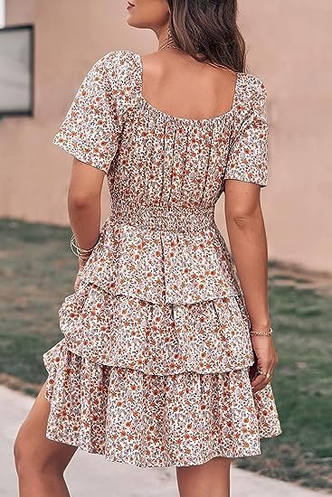 Women's Floral Summer Short Dress Square Neck Short Sleeve Tiered Ruffle Boho Swing Dresses