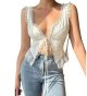 Women's Lace Trim Open Front Self Tie Cami Crop Top