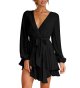 Women's Dress Deep V Neck Long Sleeve Waist Tie Ruffle Dress