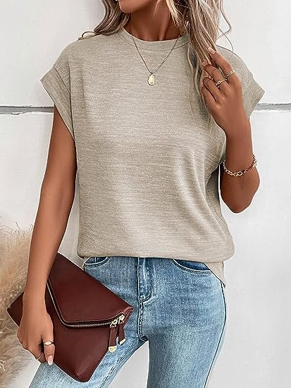 Women's Mock Neck Cap Sleeve T Shirts Tops Casual Basic Tee