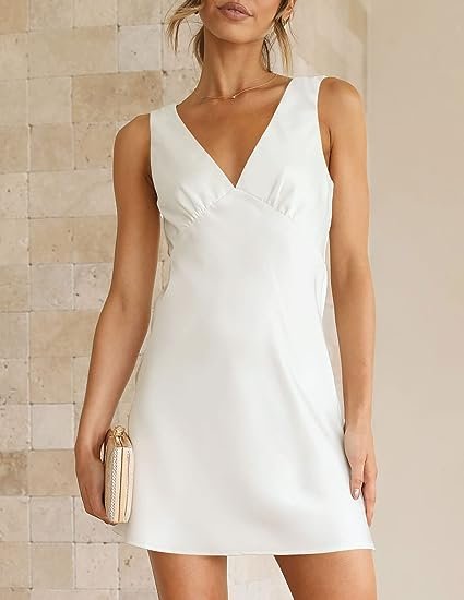 Women's Summer Satin V Neck Sleeveless Backless Tie Waist Dress