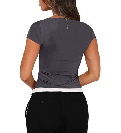 Women's Summer Short Sleeve T-Shirt Square Neck Outgoing Crop Tops Slim Fit Clothes