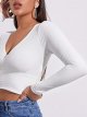 Women's Deep V Neck Long Sleeve Cross Wrap Crop Tops