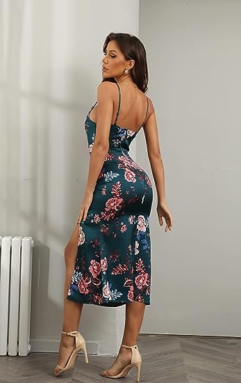 Women's Sleeveless Spaghetti Strap Satin Backless Mid Length Formal Dress