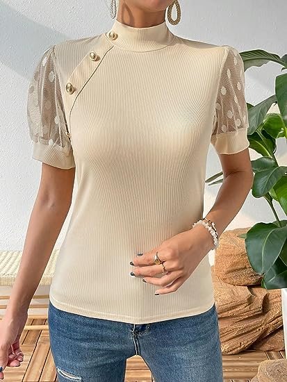 Women's Contrast Mesh Button Mock Neck T Shirt Short Sleeve Tee Top