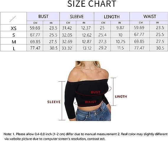 Women's Off Shoulder 3/4 Sleeve Top Tees Sexy Slim Fitted Ribbed Knit Crop Shirts