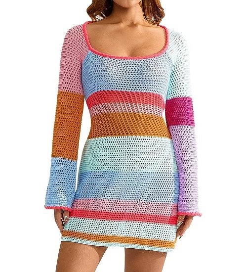 Women's Crochet Dress Long Sleeve Colorful Mesh Casual Sweater Dress